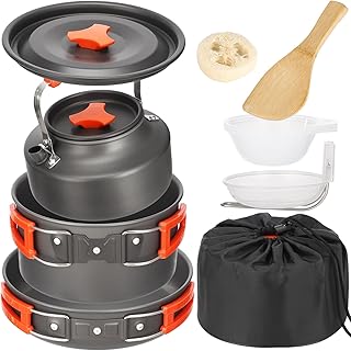 10 PCS Camping Cookware Set, Camp Pot Pan Kettle Plastic Bowls Soup Spoon, Lightweight Aluminum Outdoor Cooking Set with Drawstring Storage Bag for Backpacking Hiking RV Trip product image