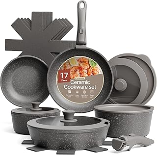 Bakken 17-Piece Ceramic Coated Aluminum Cookware Set, Nonstick Pots and Pans with Lids, Silicone Cooking Utensils & Oven Mitts, All Stovetop Safe Up To 500°F, PTFE & PFAS Free, Dishwasher Safe product image