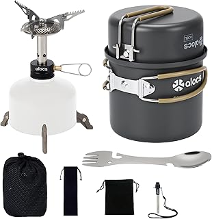 Alocs 9pcs Camping Cookware Kit, Non-Stick Lightweight Camping Pots with 3200w Stove, Igniter & Gas Canister Stand, 5-in-1 Utility Spork for Hiking, Solo Camping, Backpacking, Outdoor Cooking, Picnic product image