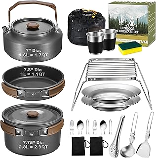 18Pcs Camping Cookware Mess Kit, Joyfair 7.8” Nonstick Camp Cooking Utensil Set (Pot, Pan, Kettle, Grill Grate), Outdoor Backpacking Gear Open Fire Essentials Accessories, Compact/Portable/Lightweight product image