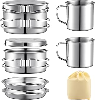 Stainless Steel Camping Cookware Mess Kit - Portable Backpacking Cooking Set with Pot/Plates/Cups & Storage Bag, Outdoor Cookware for Hiking, Picnic, Camping & Backpacking Adventures（8PCS） product image