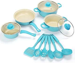 Non-Stick Cookware Set, Portable Lightweight Cast Iron Pots and Pans with Glass Lids and Nylon Utensils - 13 Piece Set, Outdoor Camping Picnic Travel（Blue） product image