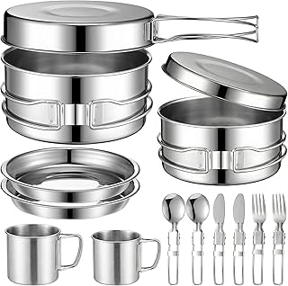 14-Piece Camping Cookware Set, 304 Stainless Steel Pots and Pans with 2 Sets of Cups, Plates, Forks, Knives, and Spoons for Camping, Backpacking, Outdoor Cooking, and Picnic product image