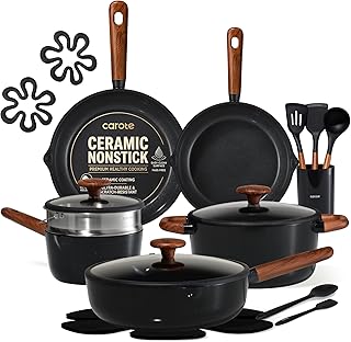CAROTE 21pcs Cookware Set Nonstick Pots and Pans Set, Ceramic Cookware Set Induction Cookware, Non toxic Healthy Non Stick Kitchen Cooking Set, PFAS PTFE Free, Black product image