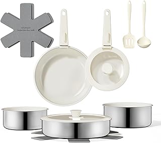 16pcs Nonstick Cookware Set, Diamond-Titanium Ceramic Coating & 3 Layer Stainless Steel Pots and Pans Set with Detachable Handle, Dishwasher Safe, Induction Compatible, Oven Safe, White product image