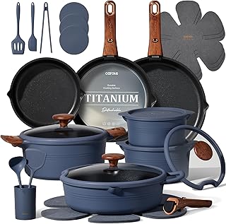 CAROTE 30-Piece Titanium Cookware Set, Nonstick Pots and Pans Set with Detachable Handle, RV Kitchen Cooking Set, Camping Use, Induction Compatible, Dishwasher & Oven Safe product image