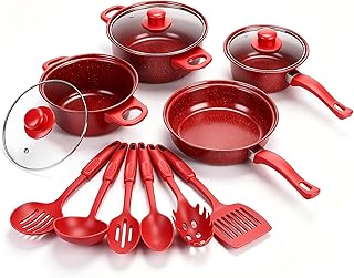 Non-Stick Cookware Set, 13 Piece Set Portable Lightweight Cast Iron Pots and Pans with Glass Lids and Nylon Utensils for Outdoor Camping Picnic Travel Cookware Red product image