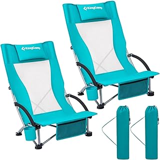 KingCamp Low Beach Chair, High Back Folding Camping Chair for Adults, Oversized Breathable Mesh Seat, 300lbs Heavy Duty Portable Chair with Cup Holder & Storage Pockets for Beach, Outdoor product image