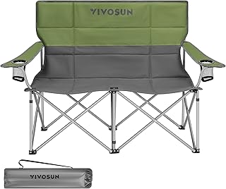 [outlets]VIVOSUN Double Camping Chair, Fully Padded Folding Loveseat, Portable Oversized Duo Chair with Storage Cup Holders, Height-adjustable Armrests & Carry Bag, Supports up to 500lbs, Green & Grey product image
