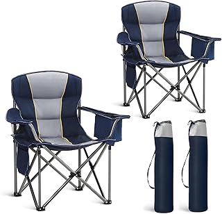 HIGH POINT SPORTS Oversized Portable Camping Folding Chair, Heavy Duty Portable Lawn Chairs, Folding Chairs for Outside with Cup Holder and Cooler Bag for Camp, Travel, Support 450 LBS, 2 Pack,Blue product image