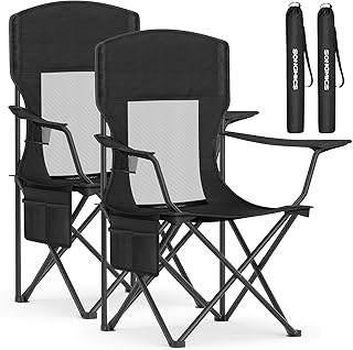 SONGMICS Breathable Camping Chairs, Foldable Outdoor Chairs Set of 2, High Back, Adjustable Armrests, Drink Holder, Weight Capacity 330 lb, for Sports Garden Backyard, Ink Black UGCB028B02 product image