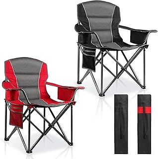 2 Pack Padded Oversized Camping Chairs for Adults,Heavy Duty Support 400 Lbs,Folding Portable Lawn Chair w/Cup Holder,Cooler Bag,Side Pocket,Perfect for Outdoor Picnic,Hiking(Red&Black) product image