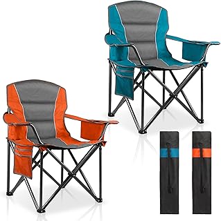 2 Pack Padded Oversized Camping Chairs for Adults,Heavy Duty Support 400 Lbs,Folding Portable Lawn Chair w/Cup Holder,Cooler Bag,Side Pocket,Perfect for Outdoor Picnic,Hiking(Orange&Blue) product image