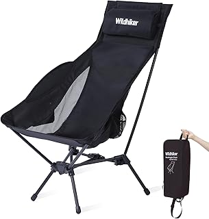 Wildhiker Portable Compact Folding Camping Chairs – Lightweight High Back with Pillow, Deep Recline, ArmPads, Side Pockets-for Motorcycle, RV, Backpacking, Travel, Festival – Black product image