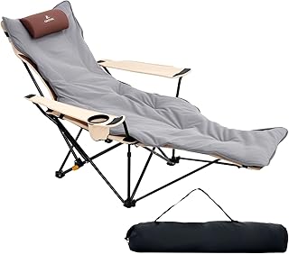 Reclining Camping Chair with Removable Footrest, 4-Position Adjustable Lightweight Folding Lounge Beach Chair with Cotton Cushion, Cup Holder & Storage Pouch for Outdoor(330lbs Capacity), Beige product image