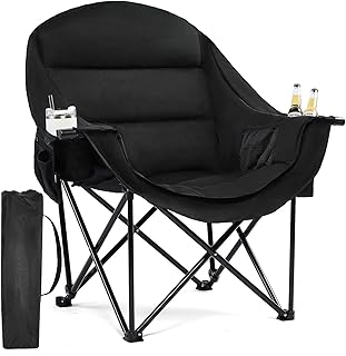 Oversized Camping Chairs for Adults - Heavy Duty Padded Outdoor Folding Lawn XL Camp Chair with Cup Holder Cooler Pockets for Outside Sports Beach Fishing Garden Portable Supports 500lbs, AllBlack product image