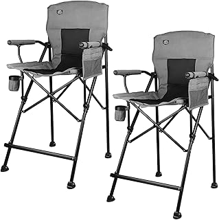 LANMONTAIN 2 Pack Tall Folding Camping Chairs,30.7'' Seat Height Portable Hard Arm Bar Chairs w/Cup Holder,Side Mesh Pocket and Footrest,Heavy Duty Support 350 Lbs Comfy Director Chairs,Black&Grey product image