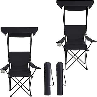 Portable Camping Chair 2 Pack with Foldable Canopy, Folding Outdoor Chair with Cup Holder & Side Pocket for Camping, Hiking, Picnic, Beach (Black) product image