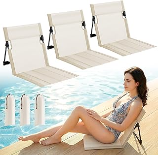 3 Pack Foldable Portable Poolside Chairs with Carry Bags, Ultra-Lightweight Legless Ground Seats for Family Beach Trip, Camping, Picnic, Lawn, Outdoor Travel (Beige) product image