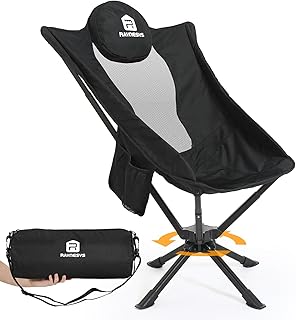 Raynesys 360° Rotation Camping Chair, Compact Hiking Chair with Cup Holder & Storage Pocket, Portable Folding Chairs for Outdoor Activities, High Back Comfort for Long Sitting, 1 Pack Black product image