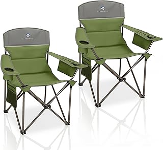 Oversized Camping Chairs 2 Pack - Heavy Duty 400LBS Padded Lawn Chair with Cooler Bag,Cup Holder,Side Pocket,Collapsible for Outdoor,Camp,Fishing & Garden,Olive Green product image