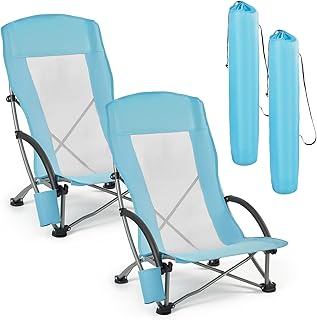 VEVOR Folding Beach Chair, High Back Camping Chairs for Adults, with Cup Pocket, Mesh Back, Carry Bag, Portable Extra Wide Seat Chair 330 lbs Heavy Duty Support, for Outdoor, Camp, Light Blue, 2 Pack product image