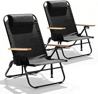 2 Pack Premium 5-Position Reclining Camping Chair - Portable Folding Lightweight Outdoor Chair with Wooden Armrests, Headrest & Pockets, 350lbs Heavy Duty for Beach, Patio, Backyard, Black product image