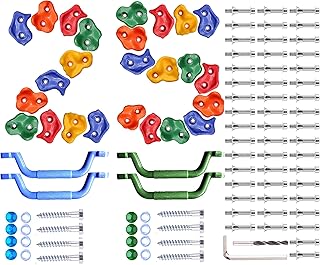 25 Pcs Colourful Pig Nose Shape Rock Climbing Holds with Blue & Green Auxiliary Handles, Indoor Outdoor Playground Wooden Play Set Build Exercise Toy Accessory - Mounting Hardware Kit Included product image