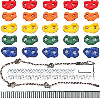 Jungle Gym Kingdom Rock Climbing Holds for Kids - Indoor & Outdoor Rock Wall Climbing Kit with Mounting Hardware, Knotted Rope and 25 Handles - Playground Accessories product image