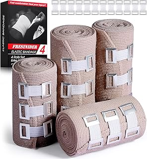 FRESINIDER Elastic Bandage Wrap 4 Pack(2 X 3 + 2 X 4 Wide Rolls) + 24 Clips | Stretch Compression Bandage Stretches up to 15ft | Ideal for Medical, Sports, Sprains, Calf, Ankle & Foot product image