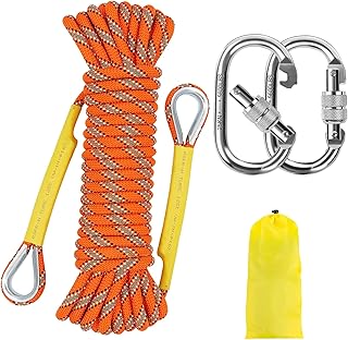 NTR Orange/Black/Blue/Green Climbing Rope 10M(32ft) 20M(64ft) 30M(96ft) 50M(160ft), 8MM Static Rock Climbing Rope with 2 Steel Hooks, Rappelling Rope for Outdoor, Hiking Safety Escape Rope product image
