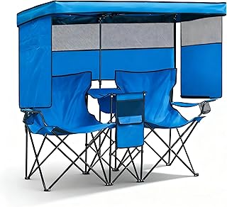 Double Beach Chair with Canopy Shade Oversized Camping Chairs with Cooler Bag Folding Loveseat for Outside Lawn Camping product image