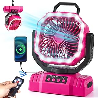 Odoland Portable Camping Fan with LED Lantern, 20000mAh Rechargeable Battery Powered Fan with Auto Oscillation, Timer, Remote, 360° Rotation Hook, 4 Speeds for Power Outage Travel Home,Pink product image