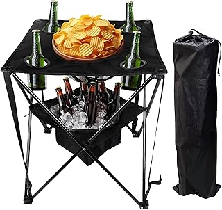 OVENTE Collapsible Folding Camping Table with Insulated Cooler, 4 Cup Holders, Food Basket and Travel Bag, Portable Tailgating Table for Fishing, Outdoor Barbecue or Beach Parties, Black POTC0014B product image