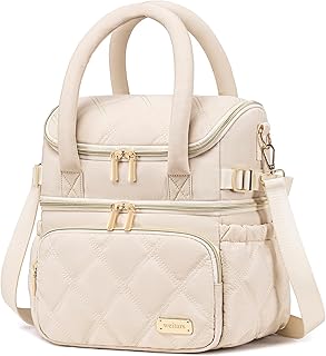 Weitars Lunch Bag for Women Men,Double Deck Lunch Box for Women,Quilted Lunch Tote for Work,Insulated Lunch Cooler Leakproof Lunchbox for Adult with Shoulder Strap &Pockets for Picnic Hiking (Beige) product image