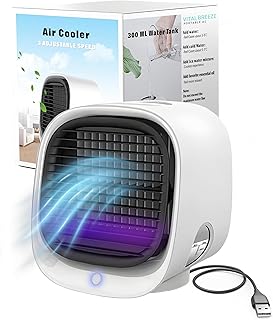 Vital Breeze Portable AC Evaporative Air Cooler Vital Breeze Portable Air Conditioner portable 300 mL Water Tank, < 40 dB Quiet, 3 Fan Speeds, Washable Filter, Color-Cycle Night-Light Bedroom Mini AC product image