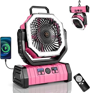 Odoland 30000mAh Camping Fan with LED Lantern, Rechargeable Battery Operated Oscillating with Remote Hook, Portable Tent Fan with Timer, 4 Speeds for Outdoor RV Jobsite Power Outage, Pink product image