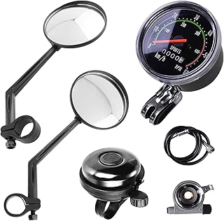 Lomodo 4 Pieces Bike Accessories Including 2 x Bicycle Rear View Mirrors 1 x Classical Old School Style Bike Speedometer Analog Odometer and 1 x Aluminum Cycling Bell for 24”-27.5” Bicycle product image