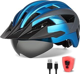 Adult Bike Helmet with Visor and Goggles for Men Women Mountain Road Bicycle Helmet Rechargeable Rear Light Cycling Helmet product image