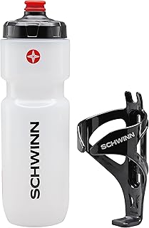 Schwinn Translucent Sport Water Bottle with Holder for Bicycle, 26 oz, BPA-Free, Dual-Stage Nozzle, Ergonomic Design, Cage Easily Mounts to Bike, Hydration Tracking, Bike Water Bottle Holder Combo product image