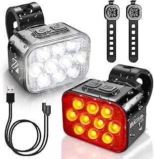 BUCKLOS Bike Lights Front and Back for Night Riding, 10 LED Ultra Bright 8+9 Modes USB Rechargeable Bicycle Headlight and Tail, IPX6 Waterproof 1100mAh Bikes Light Set, 35 Hrs Long Battery Powered product image