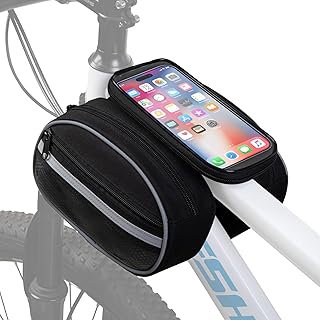 Bike Frame Bag with Detachable Touchscreen Phone Window, 4 Zipper Pockets, Bicycle Handlebar Bag with Night Reflective Strips, Black product image