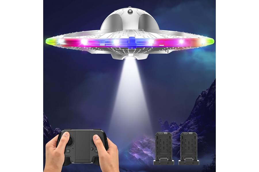 Foam UFO Drone for Kids – RC Plane with Colorful LED Lights, Remote Control Helicopter with Auto Hover, 2 Batteries (15 Mins Flight) product image