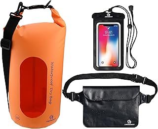 Freegrace Waterproof Dry Bag Set of 3 - Submersible Dry Sack with Double Zip Lock Seals - Includes Waist Pouch & Phone Case - Perfect for Kayaking, Swimming, Boating & Rafting (Orange(Window), 5L) product image