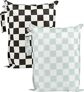 Tiny Twinkle Mess Proof Wet Bags | 2-Pack Reusable Waterproof Wet Bags for Swimsuits | Baby Clothes | Travel & Diaper Bag (Black, Green Checkers) product image