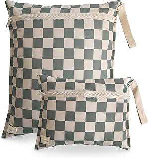 mushie Water Resistant Wet Bags | Large & Small Reusable Storage Bag for Baby Items and Travel | Zippered Pockets with Handle | Machine Washable, Set of 2 (Olive Check) product image