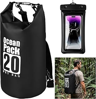 Waterproof Backpack 20L, Roll Top Closure Dry Bag Water Proof Black, Lightweight Floating Dry Bag for Kayaking Boating Hunting, Durable Hiking Backpack with IPX8 Waterproof Phone Pouch-Black, 7" product image