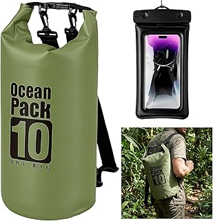 kullder Waterproof Backpack 10L, Roll Top Water Proof Dry Bag Army Green, Floating Dry Bag for Kayaking Camping Boating, Lightweight Hiking Backpack with 7" Black IPX8 Waterproof Phone Case product image