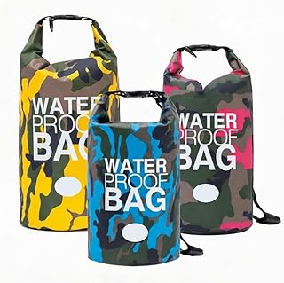 Waterproof Backpack Roll Top Dry Bag Set of 3 (2L 5L 10L) – PVC Dry Bags Waterproof for Kayaking, Camping, Beach & Travel – Floating Outdoor Dry Sack (Light Blue, Pink, Yellow Camouflage) product image