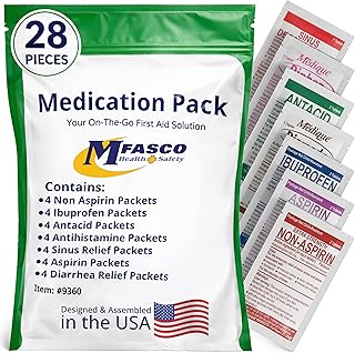 MFASCO - 7 in 1 - Travel Size Medicine Kit - TSA Approved | 28 First Aid Emergency OTC Medicine Packets for Cruise & International Travel | Compact Med Refill for Traveling & Office Assembled in USA product image